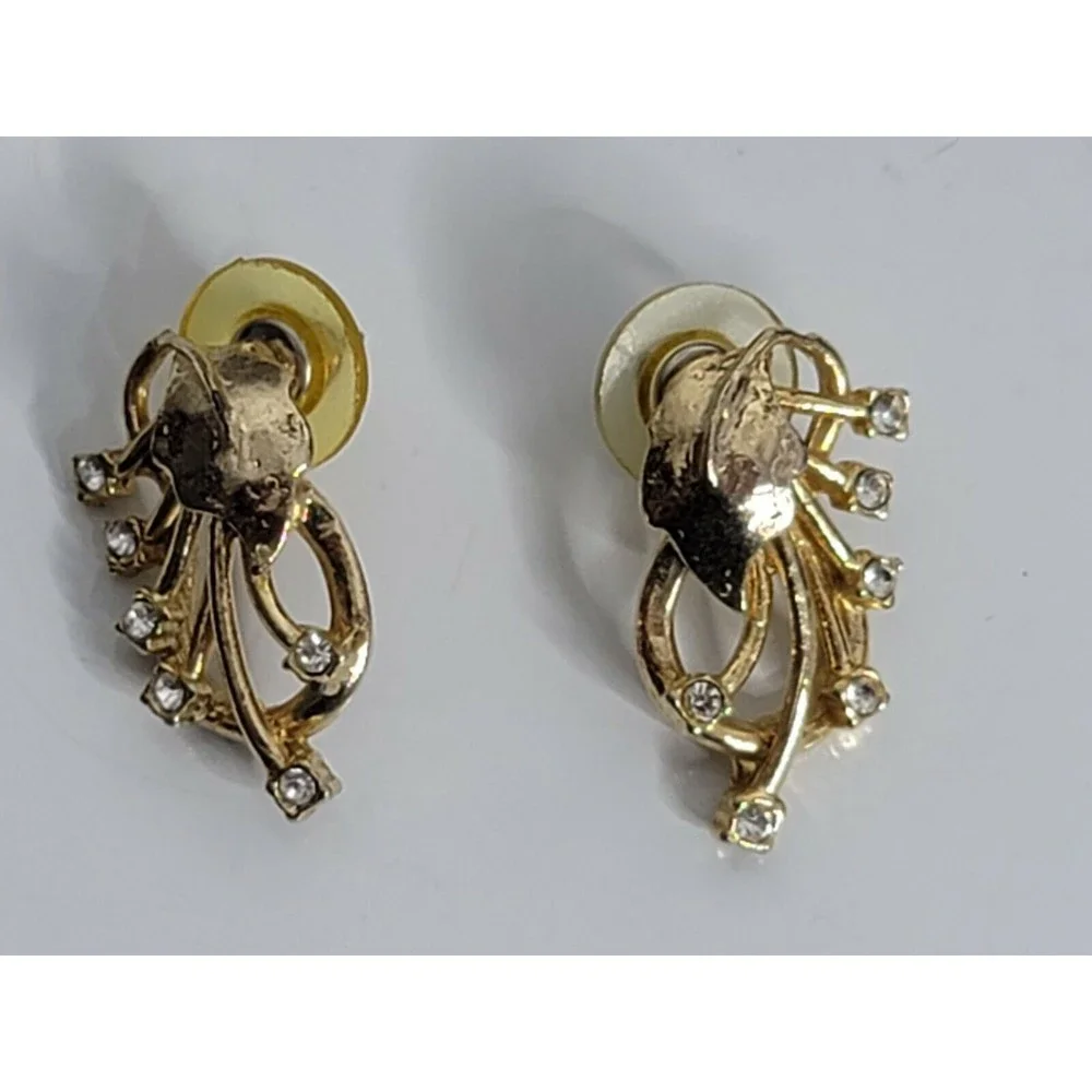 Vintage Leaf Design Clear Rhinestone Gold Tone Earrings - Picture 3 of 4